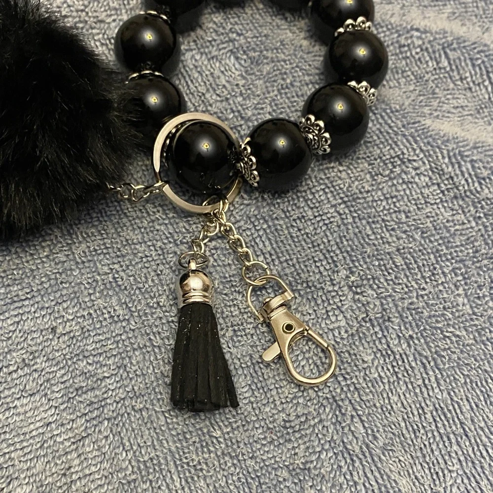 Beaded in Black Bracelet Keychain with Tassel
